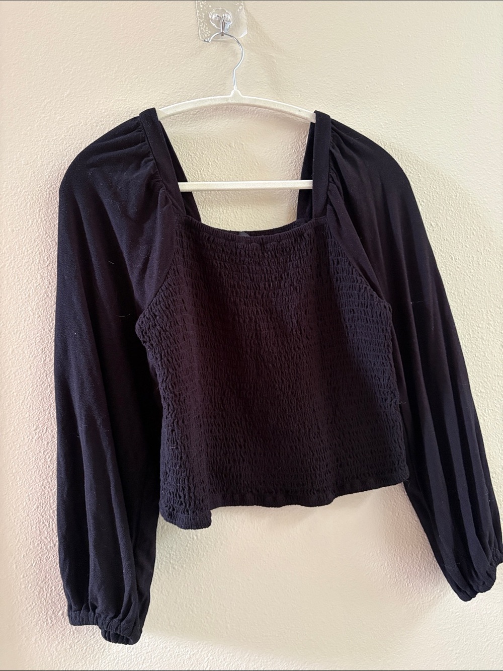 Able Women's Black Smocked Square-Neck Balloon Sleeve Top